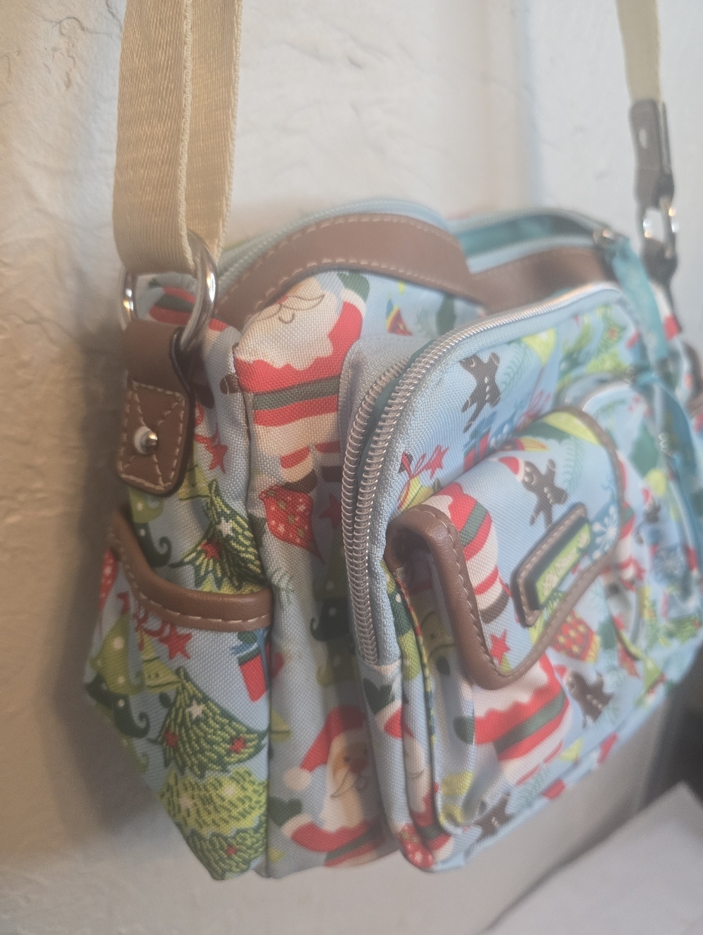 Lily Bloom Christmas Crossbody Bag Holiday Print Multi Pocket Blue Vegan Leather - Picture 2 of 7
